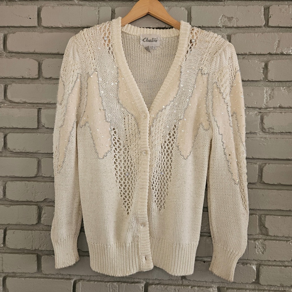 Christine Vintage‎ Cream Beaded Sequin Cardigan Sweater Lambswool Angora Small